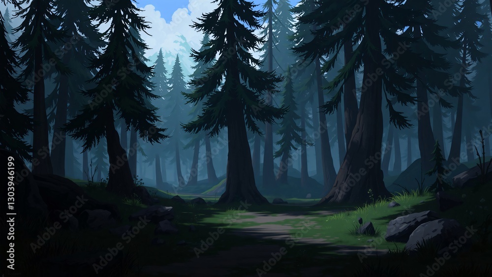 Obraz premium Serene Path Through a Dark Evergreen Forest