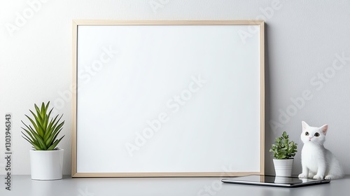 Minimalistic decor setup featuring a blank frame, potted plants, and a cat figurine on a table.