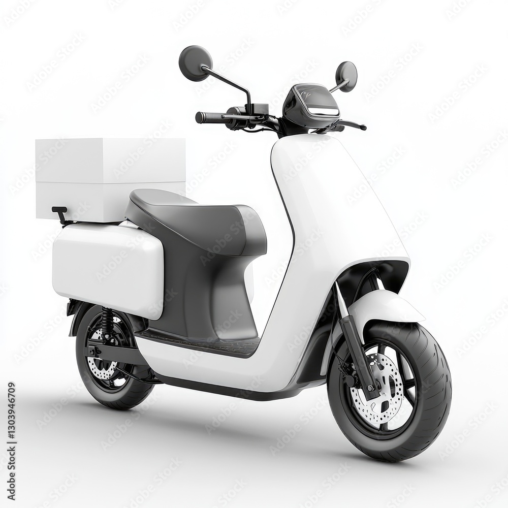 A white electric scooter with a delivery box on the back, shown in side view against a white background. The rendering style is simple, A white electric scooter with a delivery box on the back, shown in side view against a white background. The rendering style is simple,