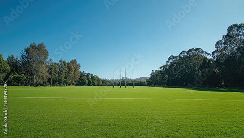 A wide-angle view of an empty rugby pitch, clear blue sky above and lush green grass stretching to the horizon.