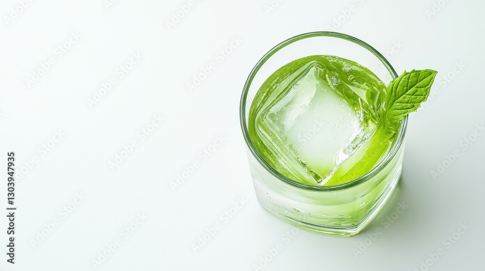 A refreshing green drink with ice and a mint leaf, presented in a clear glass on a clean, white surface. A refreshing green drink with ice and a mint leaf, presented in a clear glass on a clean, white surface.