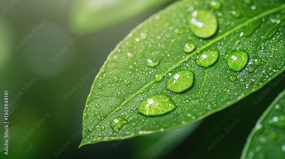 Close-up of green leaves adorned with water droplets, showcasing the beauty of nature and freshness after rain. Close-up of green leaves adorned with water droplets, showcasing the beauty of nature and freshness after rain.
