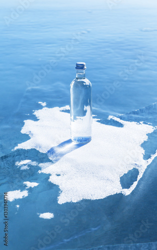 Wallpaper Mural Glass bottle with natural drinking water stands on ice of frozen Baikal Lake on snow podium on cold winter day. Advertising and branding of drinking ecological water. Nature background. Copy space Torontodigital.ca