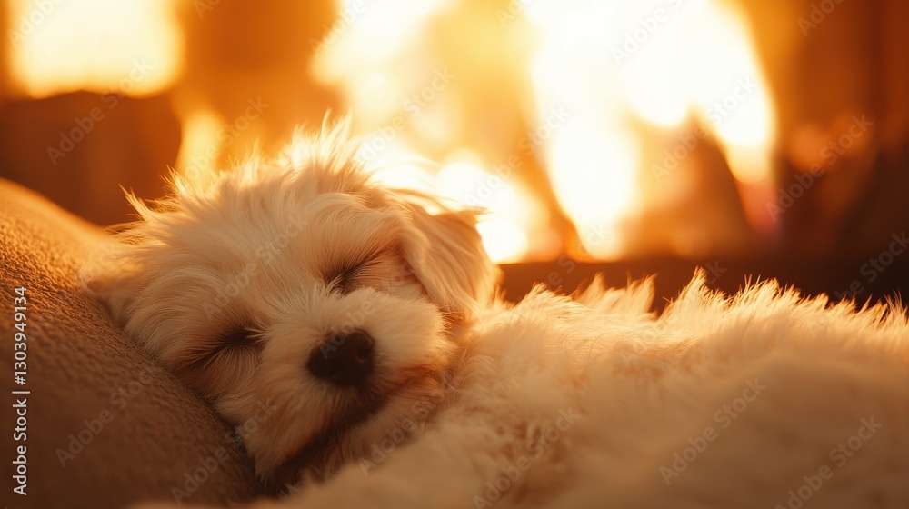 A cozy puppy sleeps peacefully on a couch, illuminated by the warm glow of a fireplace in the background. A cozy puppy sleeps peacefully on a couch, illuminated by the warm glow of a fireplace in the background.