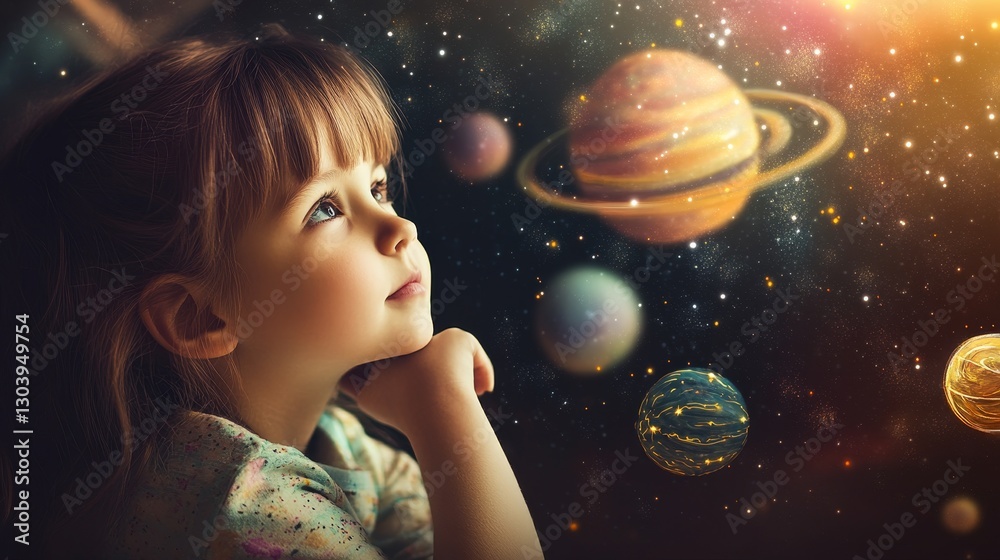 Naklejka premium Dreaming of the Universe: Young Girl Gazing at Colorful Planets in Cosmic Space
