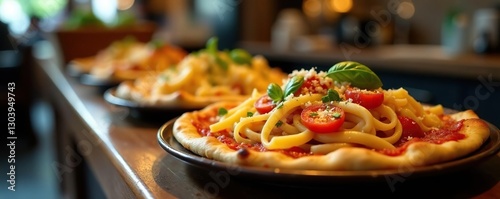 Platos de pasta y pizza en una barra de trabajo, mesa, jarrones