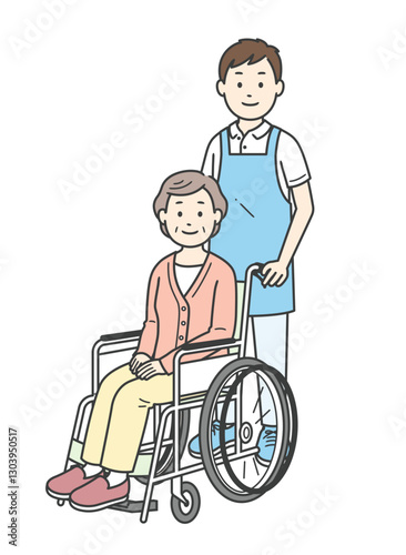 車椅子の高齢女性と介助ををする若い男性の全身イラスト