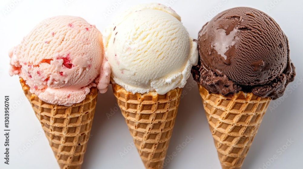 Three ice cream scoops-strawberry, vanilla, and chocolate-are served in waffle cones, creating a delightful and colorful dessert presentation. Three ice cream scoops-strawberry, vanilla, and chocolate-are served in waffle cones, creating a delightful and colorful dessert presentation.
