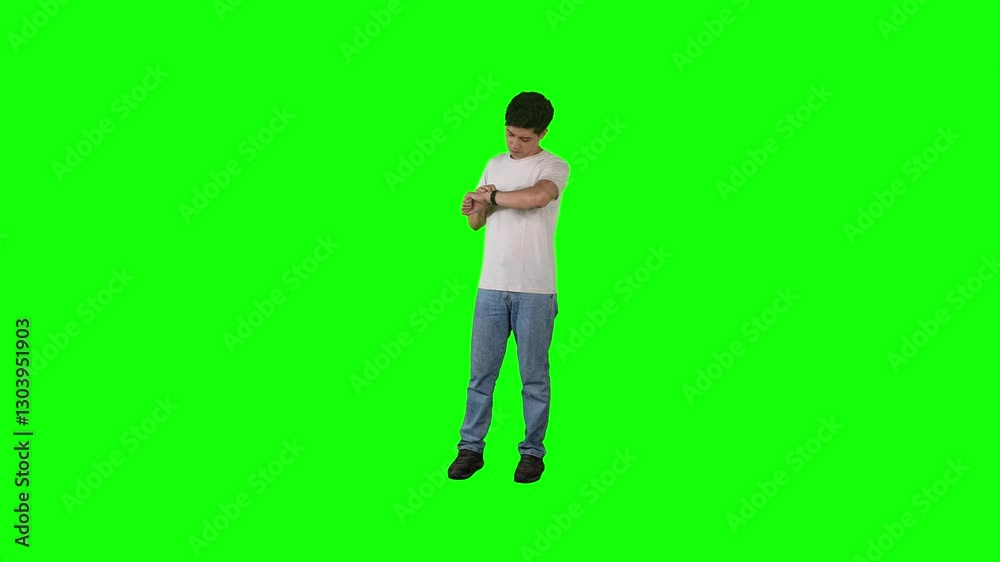 Man in casual clothing checking smartwatch against green screen background Man in casual clothing checking smartwatch against green screen background