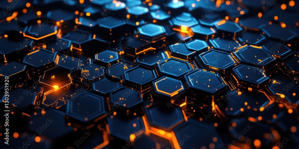Fototapeta premium Abstract background with glowing hexagons, in a black and blue color scheme. The design features a pattern of illuminated dark orange and yellow cubes on the surface,
