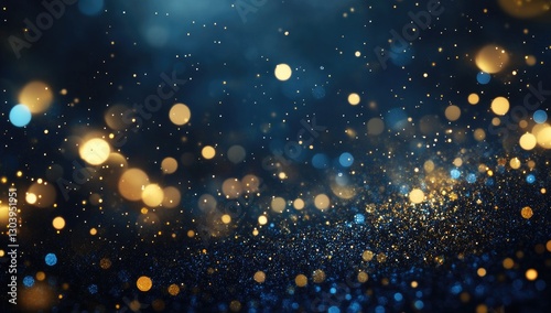 Abstract gold glitter particles on a blue background, with a bokeh effect, golden lights, and dots for a luxury design banner with a copy space area.