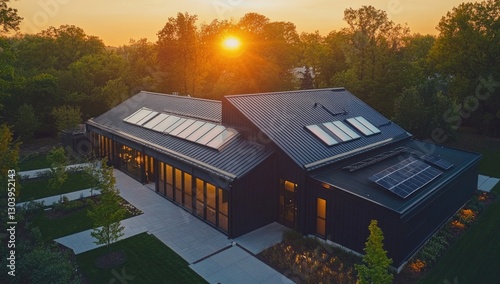 Aerial view of a modern black-roofed building with skylights and solar panels at sunset, showcasing energy efficiency in commercial architecture.