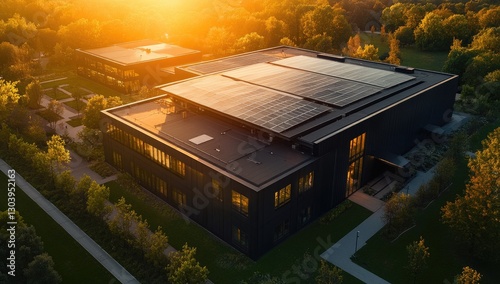 Aerial view of a modern black-roofed building with skylights and solar panels at sunset, showcasing energy efficiency in commercial architecture.