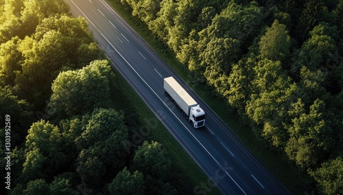 Aerial view of a white truck driving on a highway road in a green forest or nature park. Concept for business, transport, and harmony with the environment.