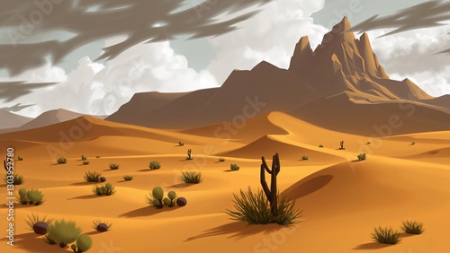 Serene Desert Landscape with Majestic Mountains Under a Cloudy Sky
