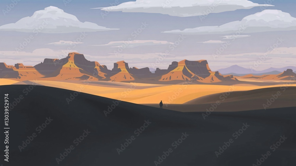 Fototapeta premium Solitary Figure in a Vast Desert Landscape with Dramatic Rock Formations at Sunset