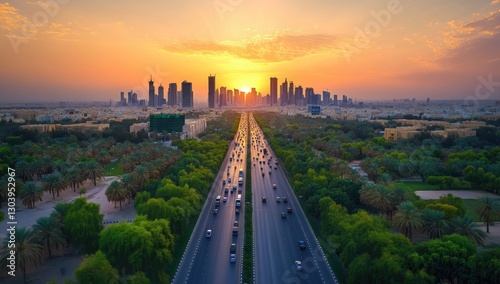 An aerial view of one of the most famous roads in Saudi Arabia, showcasing its lush greenery and traffic flow during sunset. The road is flanked by trees on both sides,