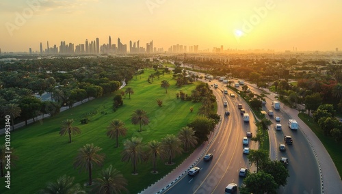 An aerial view of the large park. The photo shows an open field with grass and trees on one side,