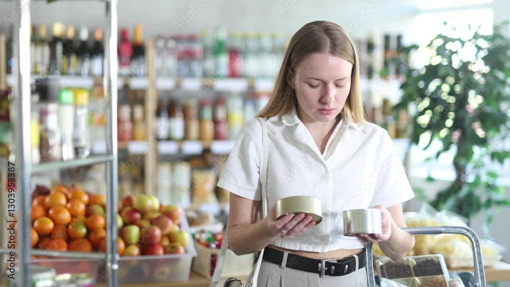 Young woman buyer chooses canned food in grocery store Young woman buyer chooses canned food in grocery store