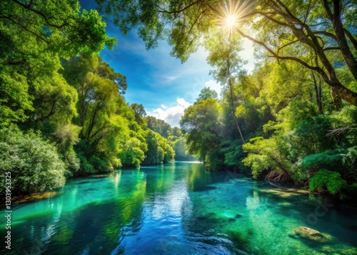 Enchanting Island Escape: Lush Green Trees, Azure River, Magical Landscape Photography