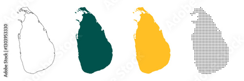 Sri Lanka map in various style outline, green, yellow, and dotted