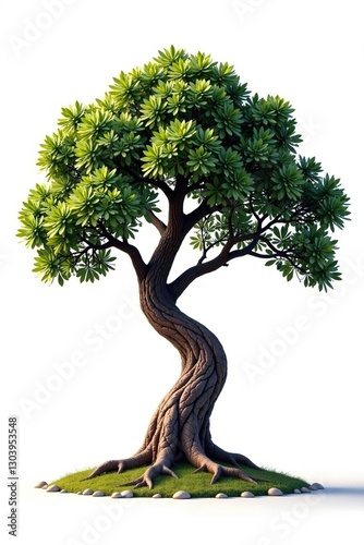 Tree with a unique, asymmetrical shape on white background, tree, bark photo