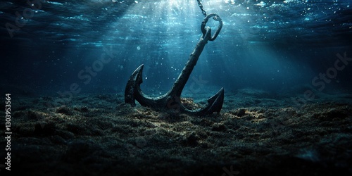 Dynamic underwater scene of an anchor ocean floor photography mysterious environment low angle view tension and tranquility