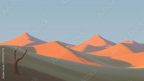 Serene Sunset over Desert Dunes with Lone Dead Tree