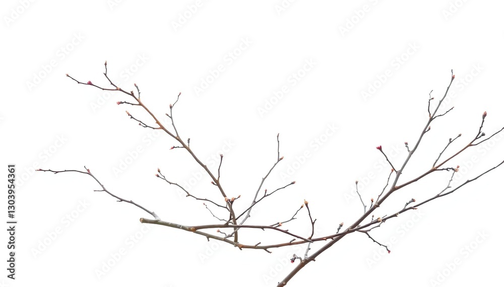 Delicate, bare branches isolated against a pure white backdrop, barren, spring Delicate, bare branches isolated against a pure white backdrop, barren, spring