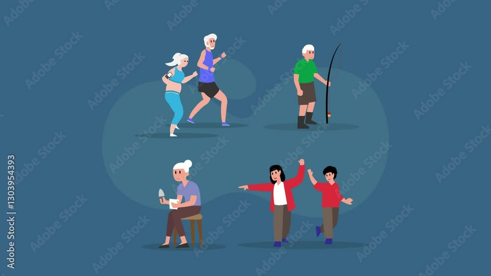 Active Seniors and Family Engaged in Hobbies and Outdoor Activities cartoon animation Active Seniors and Family Engaged in Hobbies and Outdoor Activities cartoon animation