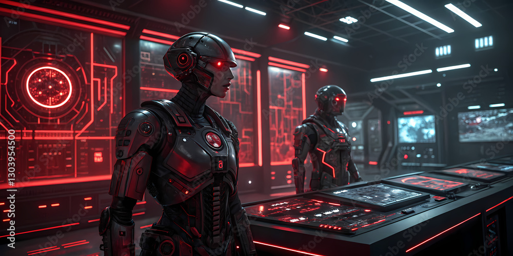 Fototapeta premium cyberpunk control room illuminated with red and black neon lights. Two advanced humanoid AI robots stand at a high-tech console