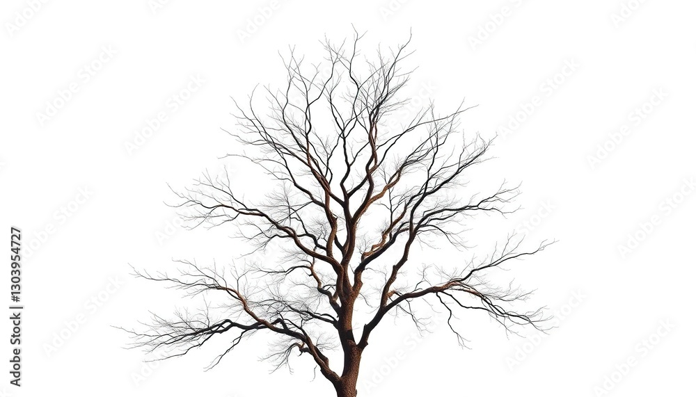 Fototapeta premium Lone deciduous tree, stark branches against bright white, autumn, twig