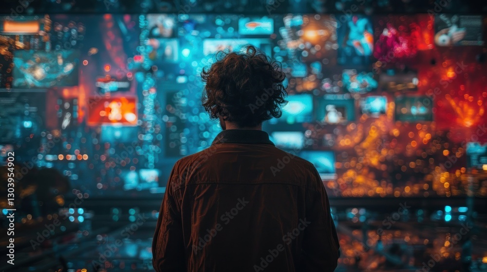 Man contemplates digital art wall display Man contemplates digital art wall display