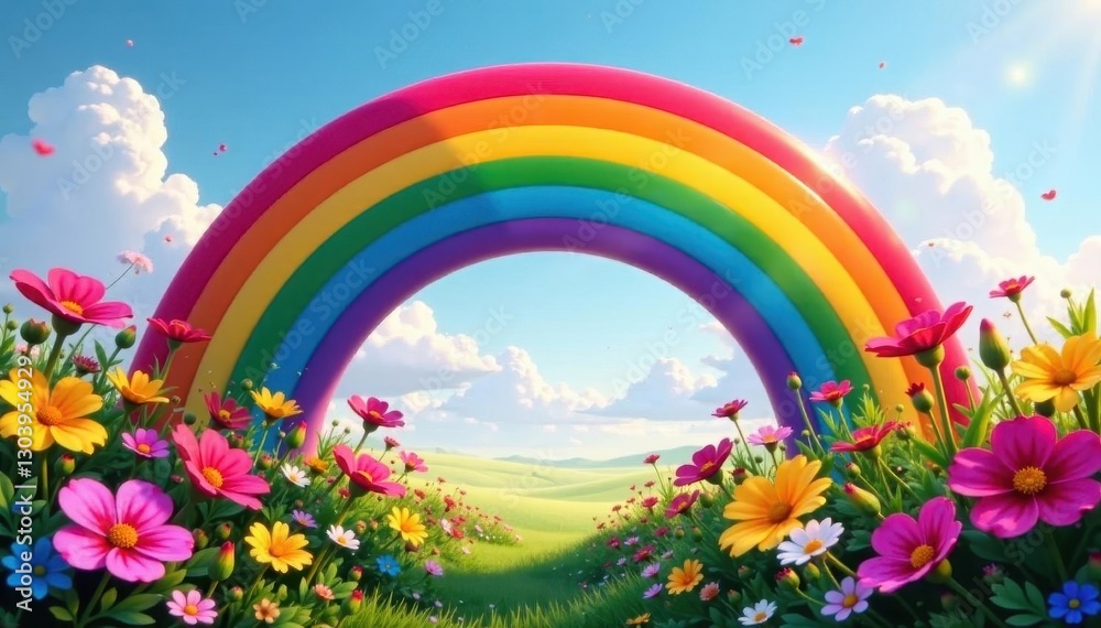 Vibrant rainbow arch over blooming wildflowers, awe-inspiring, landscape, field Vibrant rainbow arch over blooming wildflowers, awe-inspiring, landscape, field