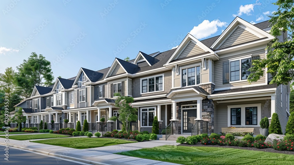 A row of modern houses with beautiful green landscaping surrounding them A row of modern houses with beautiful green landscaping surrounding them