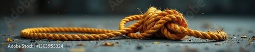 Tangled rope on the ground with an unattached end, messy rope, dropped rope