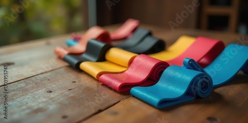 Compact resistance bands & weights on wooden table, resistance, exercise, muscle