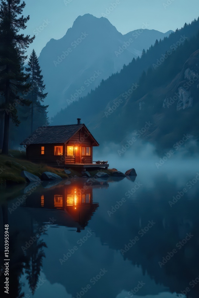 Fototapeta premium Warm lamplight glows on lakeside cabin at dawn, mist rising , water, sky