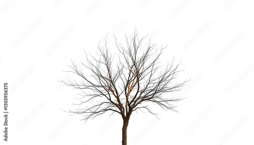 Fototapeta premium Lone deciduous tree, stark branches against pure white, twig, deciduous tree