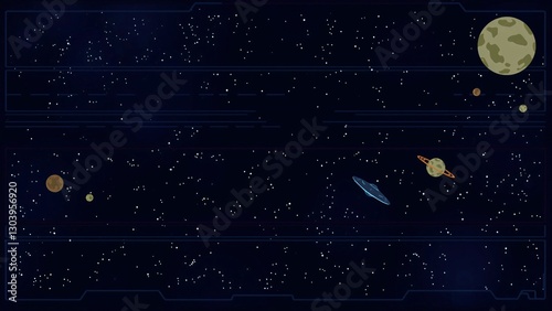 Deep Space Exploration Futuristic Starfield with Planets and UFO