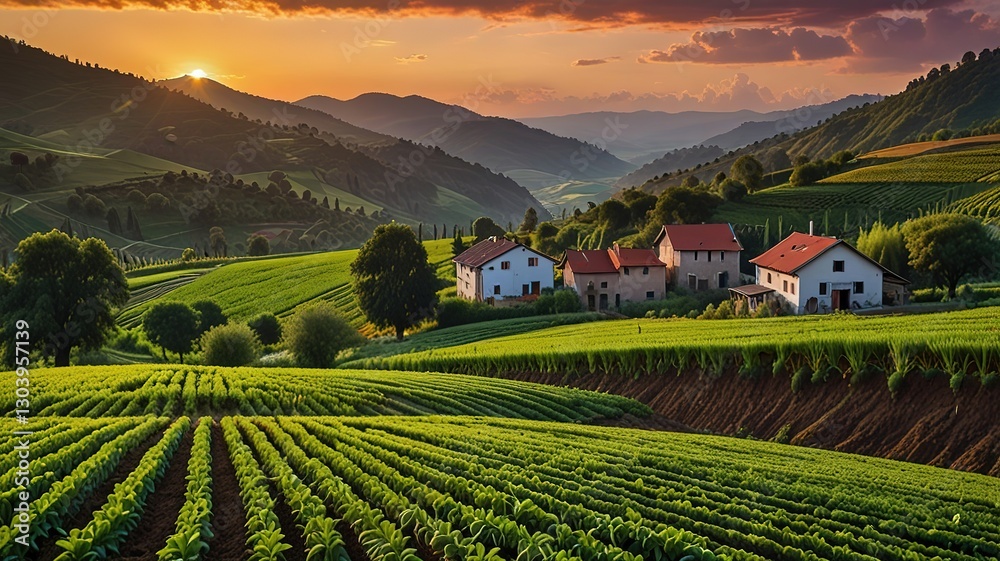 Naklejka premium Landscape photograph capturing a lush agricultural scene at sunset.