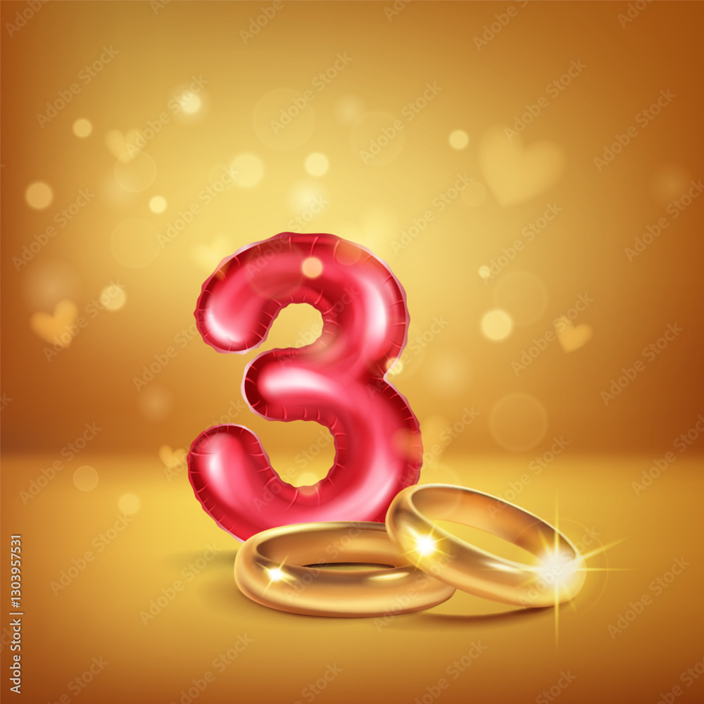 A red number 3 in the form of an inflatable balloon with two gold wedding rings, symbolizing the celebration of the third wedding anniversary, set on warm background with small hearts flying around. A red number 3 in the form of an inflatable balloon with two gold wedding rings, symbolizing the celebration of the third wedding anniversary, set on warm background with small hearts flying around.