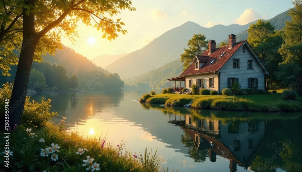 Fototapeta premium Charming lakeside cottage bathed in golden sunlight, clear sky, rural, cottage