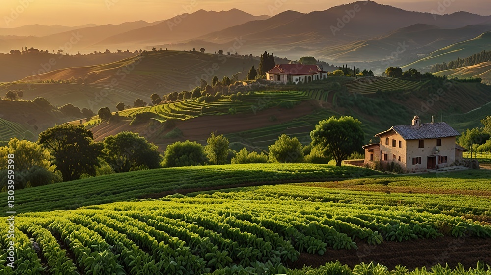 Fototapeta premium Landscape photograph capturing a lush agricultural scene at sunset.