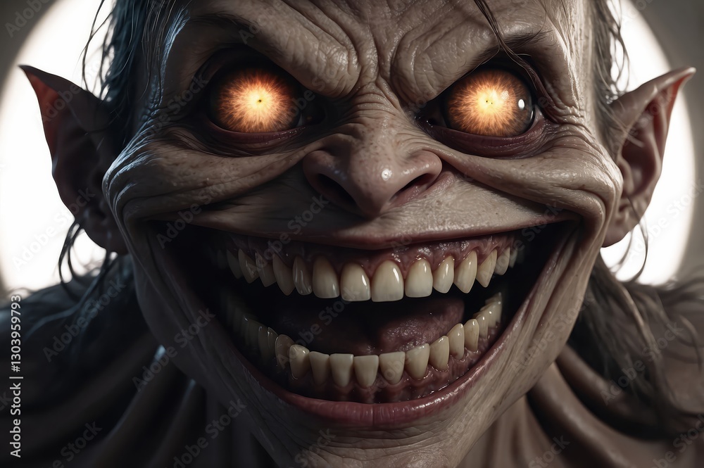 Close-up of a horrifying, grotesque creature with glowing eyes and a wide, sharp-toothed grin. Close-up of a horrifying, grotesque creature with glowing eyes and a wide, sharp-toothed grin.