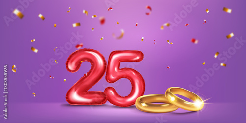 A red number 25 in the form of a balloons with two gold wedding rings, symbolizing the celebration of the  twenty-fifth wedding anniversary, surrounded by colorful confetti, on warm purple background.