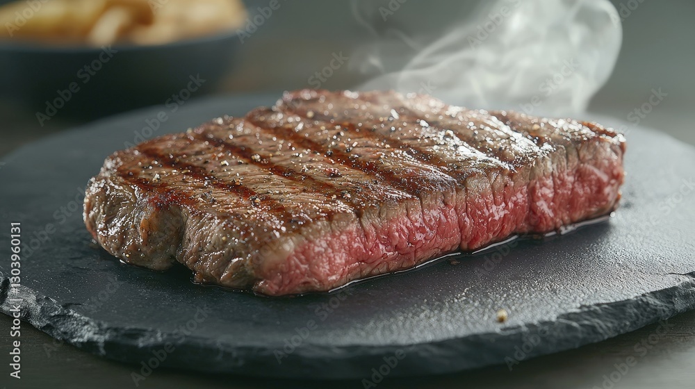 A perfectly grilled steak on a slate platter, showcasing appealing grill marks and a juicy pink center, with wisps of steam rising. A perfectly grilled steak on a slate platter, showcasing appealing grill marks and a juicy pink center, with wisps of steam rising.