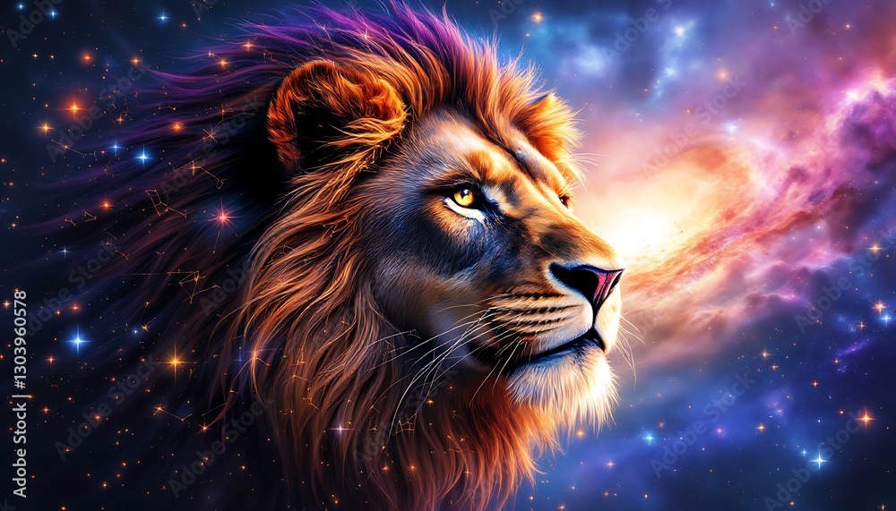 Naklejka premium Majestic Lion Under a Starry Galaxy