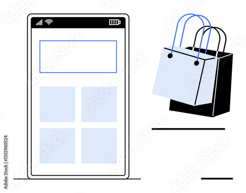 Mobile phone screen showing shopping app interface with four squares and blank space, alongside two shopping bags, one blue and one black. Ideal for e-commerce, mobile apps, digital shopping, retail