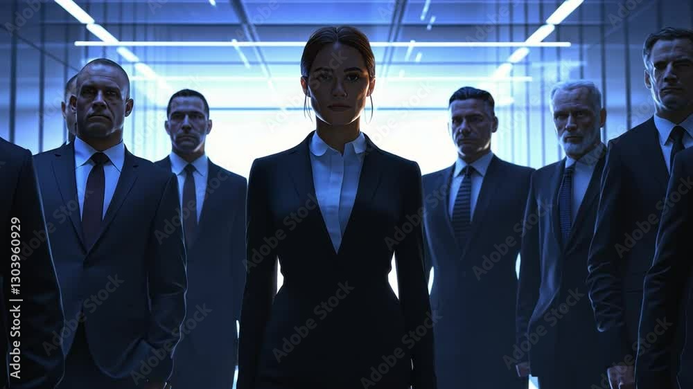 The Boardroom's Stance: A resolute businesswoman leads a powerful boardroom meeting, framed by a cadre of equally determined associates in this impactful, high-angle shot.